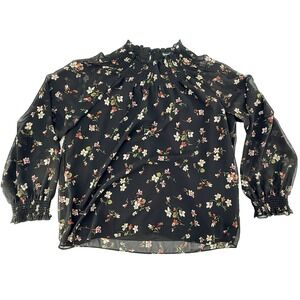 Madewell Smocked Floral Long Sleeve Top S Black Ruffle Mock Neck Blouse